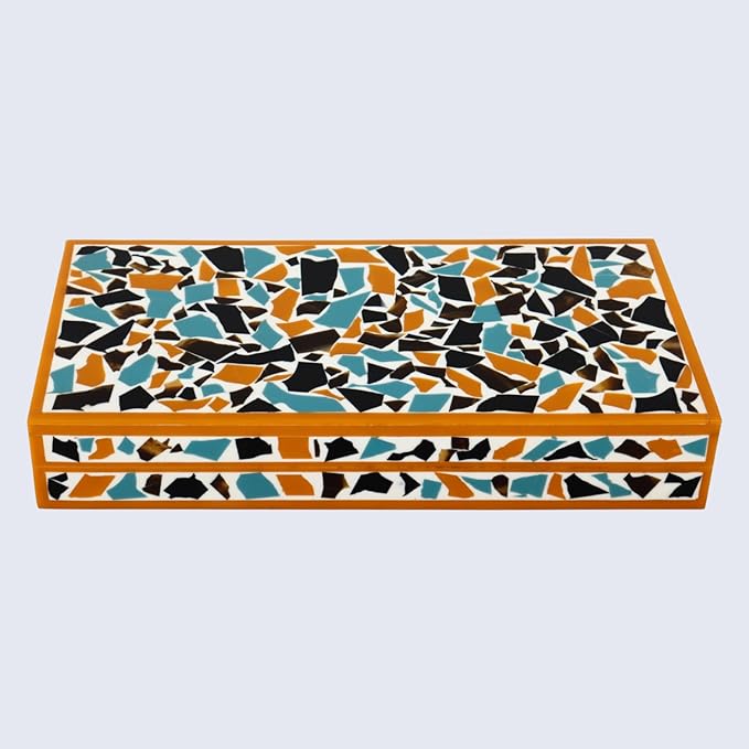 Handicrafts Home Handmade Mosaic Collection Decorative Jewelry Box Organizer – Keepsakes, Trinkets, and Home Decor – Antique Coffee Table Storage, Memory Box, Farmhouse Style Decor Gold, 12x6x2