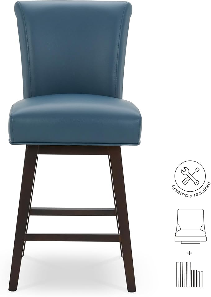 CHITA 26 Inch Counter Height Swivel Bar Stools Set of 3, FSC Certified Modern Upholstered Faux Leather Swivel Barstool Chair with Back, Blue