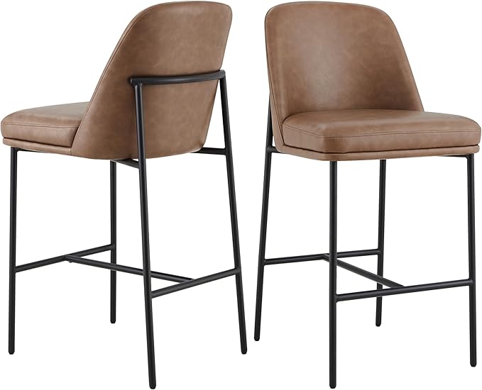 CHITA Counter Height Bar Stools Set of 2, FSC Certified Metal Barstools for Kitchen Island, 27" H Seat Height, Faux Leather, Saddle Brown