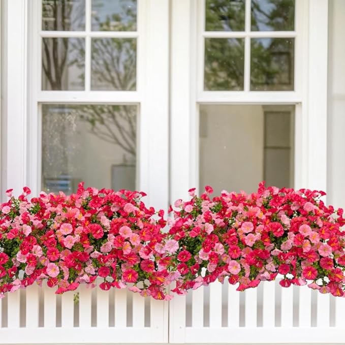 Artificial Flowers for Outdoor, Fake Flowers Faux Plants for Outside Indoor, 4PCS Summer Decor, Morning Glory Petunia UV Resistant, for Garden Porch Window Box Home Planters Farmhouse (Darklightpink)