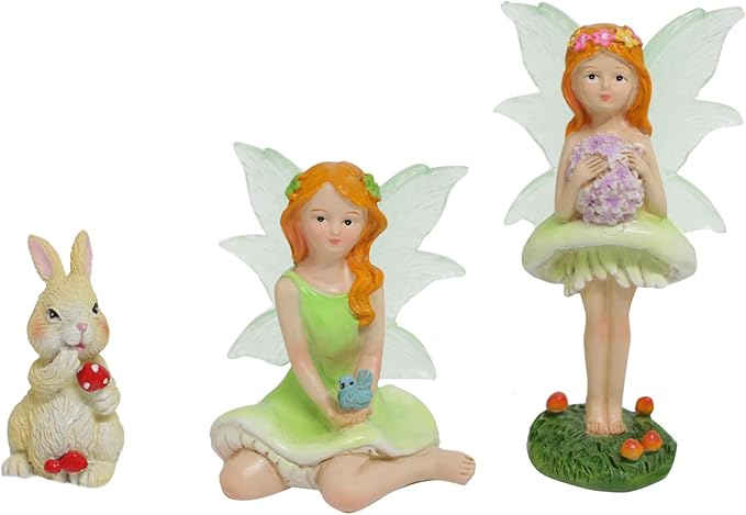 Mushroom Garden Miniatures Fairies Luminous Wings, Mini Garden Figurine Set Fairies Statues with a Rabbit for Outdoor Garden Yard Lawn Home Decor Lovely Resin Fairy Angel Accessories 3 PCS