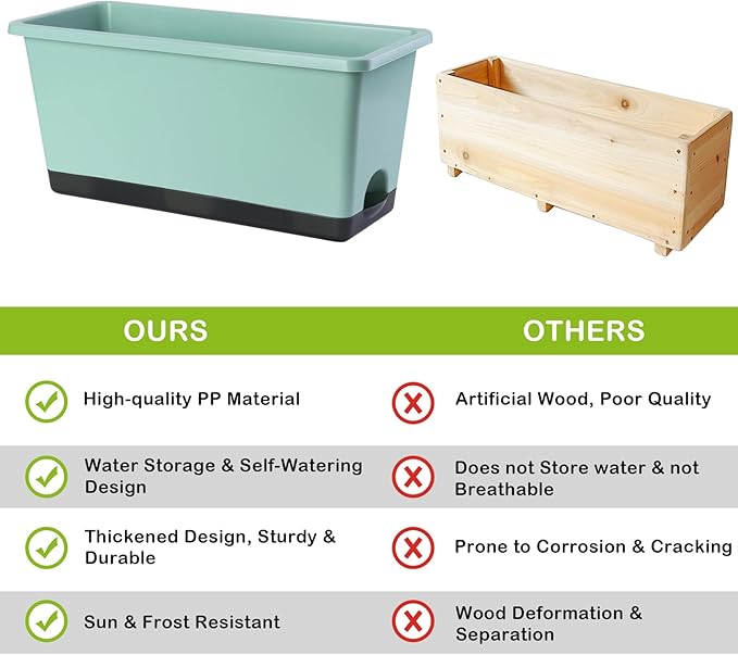 Window Box Planter 6 Pcs, 17 Inches Rectangle Flower Pots with Drainage Holes and Trays, Vegetable Planters for Windowsill Patio Garden Balcony Home Porch Yard Indoor Outdoor (Green, 17*7.4*7.8 inch)