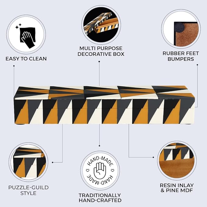 Handicrafts Home Modern Puzzle Decorative Storage Box - Rectangular, Yellow & Black Geometric Pattern - 10x2.5x1.5 Inches - Keepsakes, Trinkets, Home Decor - Coffee Table Storage, Memory Box