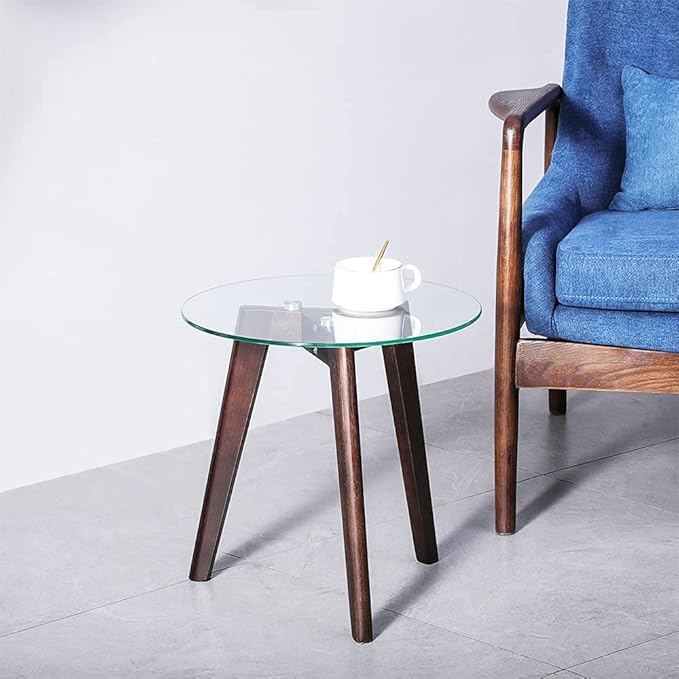 Tempered Glass Small End Table, Mnimalist Round Side Table, Mid-Century Modern End Side Table for Living Room Bedroom Small Spaces Office, with Triskele Walnut Wood Legs (15.7" D x 15.7" H)