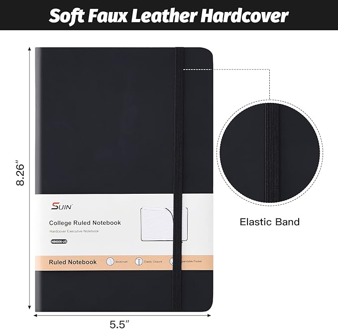 SUIN Hardcover-Journal-Notebooks, A5 Lined Journals Notebook for Writing 200 Pages, 8.2 x 5.5 inch, Classic Ruled Notebooks for Work/Travel/College (Black- 1 Pack)