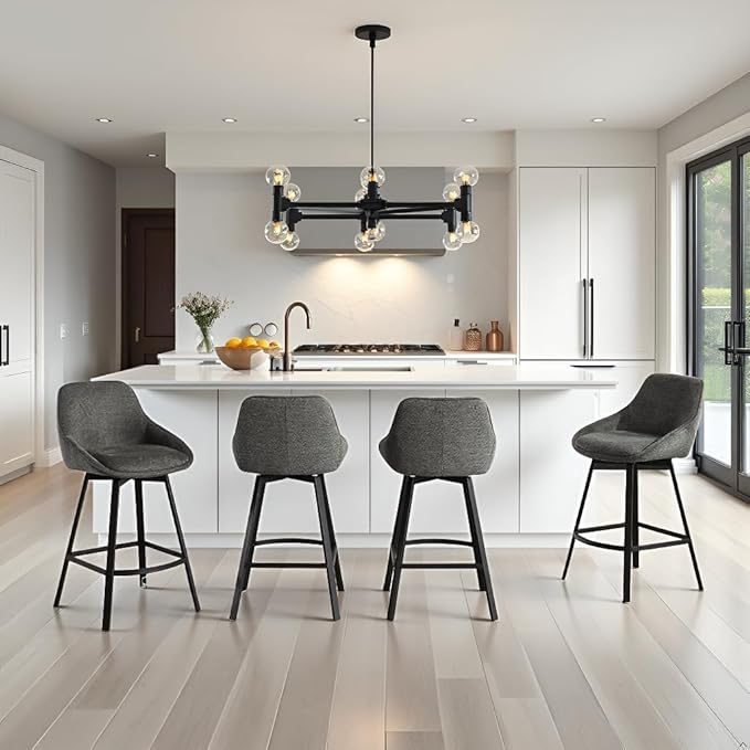 Zesthouse Swivel Bar Stools Set of 2, Modern Counter Height Barstools with Backs, 26'' Upholstered Linen Fabric High Chairs for Island Kitchen, Counter Height Chairs with Metal Legs, Dark Grey