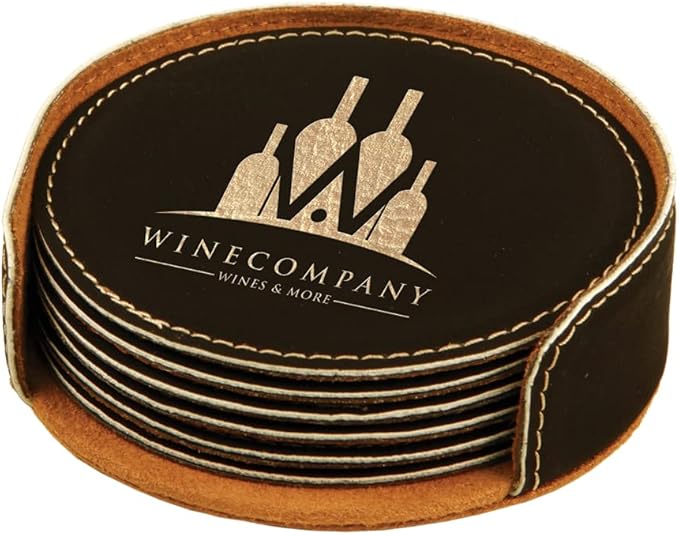 Custom Engraved Coasters | Personalized Leather Coaster | Set of 6 | Drink Coasters with Holder | Laser Engraved | Tabletop Protection | Gift for Couples (Round 4", Black w/Gold)