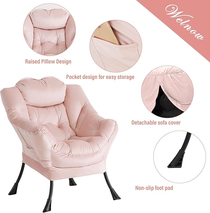 Welnow Lazy Chair with Ottoman, Modern Lounge Accent Chair with Armrests and a Side Pocket, Leisure Sofa Armchair, Reading Armchair with Footrest for Small Space, Pink