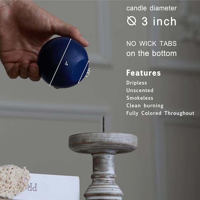 MOZEAL Hand-Poured, 3 Inch Navy Blue Round Ball Candles - Elegant Navy Blue Round Pillar Candles Set of 3, Dripless, Unscented, Smokeless, Ideal for Formal Events.