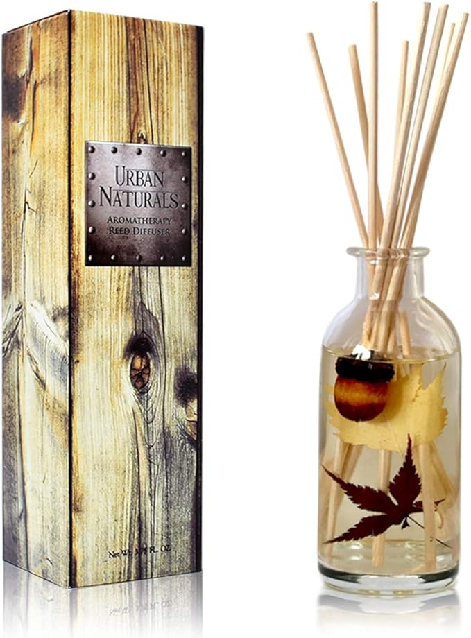 Urban Naturals Autumn Harvest Scented Oil Reed Diffuser | Fall Home Decor with Real Leaves & Botanicals | Creamy Pumpkin Pie, Nutmeg, Maple & Vanilla