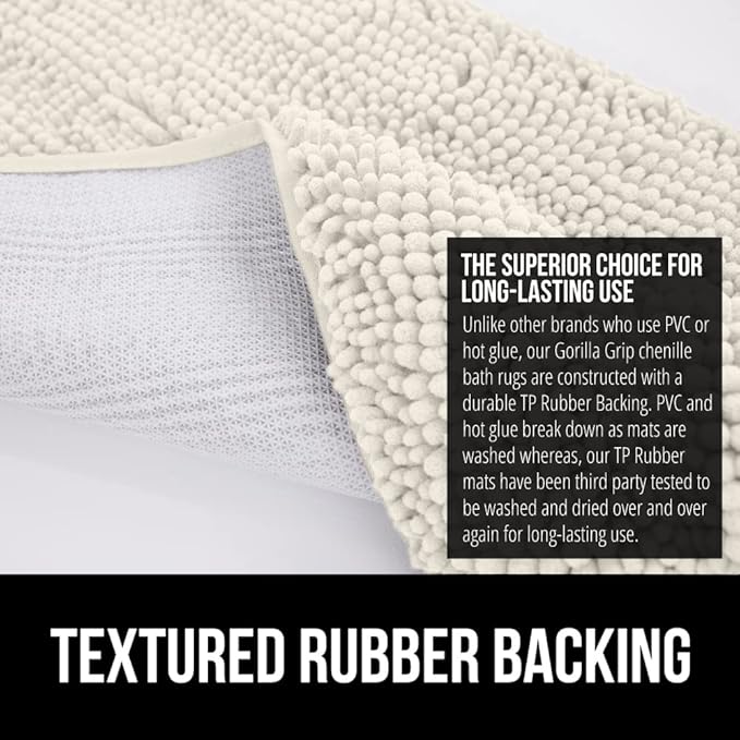 GORILLA GRIP Bath Rug Mat 30x20, Soft Absorbent Chenille, Quick Dry Microfiber Mats, Rubber Backing Washable Shower Floor Rugs, Bathmat Runner, US Designed Bathroom Home Decor Accessories Ivory Cream