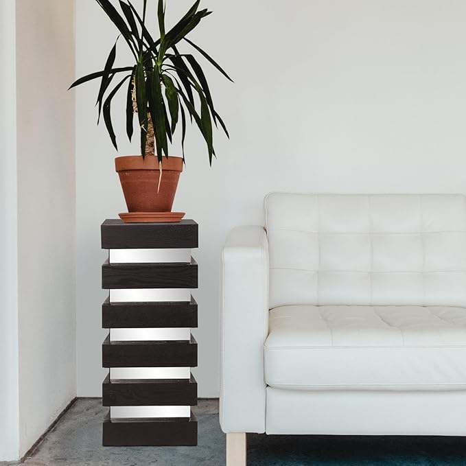 Howard Elliott Stepped Pedestal Accent Table, Black Wood and Mirrored Side End Table for Home Decor, Small Space Pedestal Table for Bedroom, Living Room & Entryway, 12 x 12 x 28 Inch, Medium