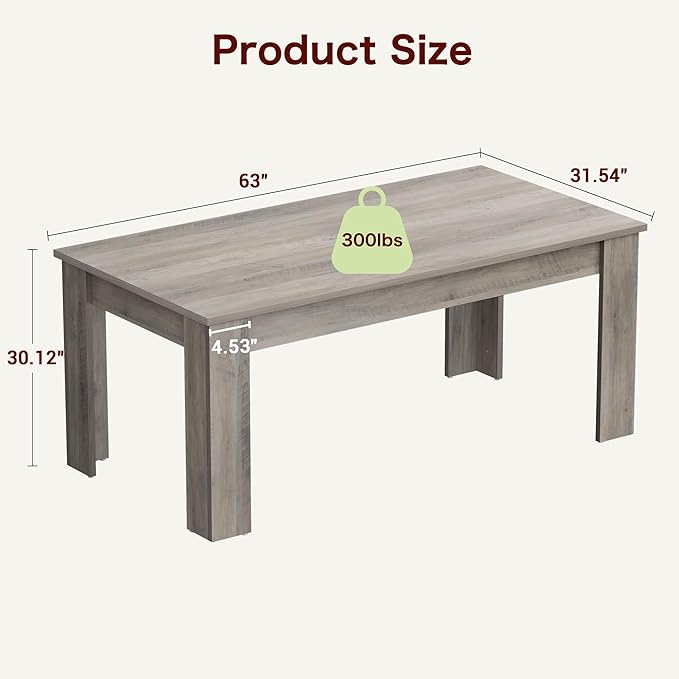 CABIHOME Dining Table for 4-6, 63" Inch Dining Tables for 4, Farmhouse Large Kitchen Dining Table, Rectangular Dining Room Table for Small Space, Dinner Table for Kitchen, Apartment, Rustic Gray