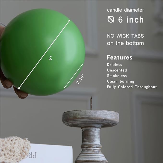 MOZEAL Hand-Poured, 6 Inch Green Large Round Ball Candles - Elegant Green Round Pillar Candles, Dripless, Unscented, Smokeless, Ideal for Spring Celebrations.