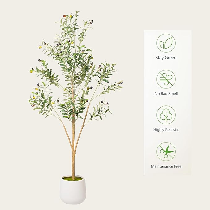 Phimos Artificial Olive Tree with Planter Pot Large Faux Olive Branches and Fruits Artificial Tree for Modern Home Office Living Room Floor Decor Indoor (5FT)