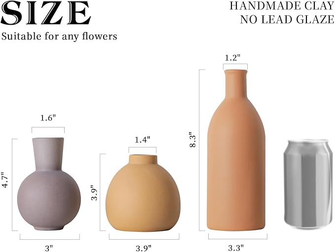 Ceramic Flower Vase Set of 3, Home Decor Vases for Centerpieces, Tulips Flowers Pampas Grass Decor, Boho Rustic Farmhouse Kitchen Bedroom Bathroom Living Room Office Wall Decor Aesthetic -Brown