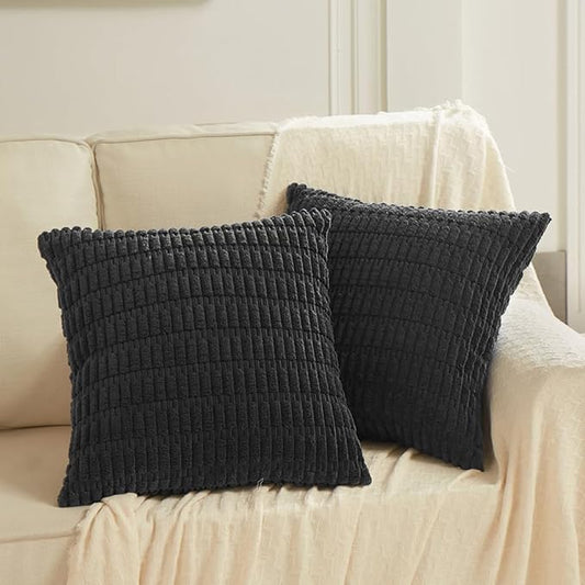 Fancy Homi 2 Packs Black Decorative Throw Pillow Covers 16x16 Inch for Living Room Couch Bed Sofa, Rustic Farmhouse Boho Home Decor, Soft Striped Corduroy Square Cushion Case 40x40 cm
