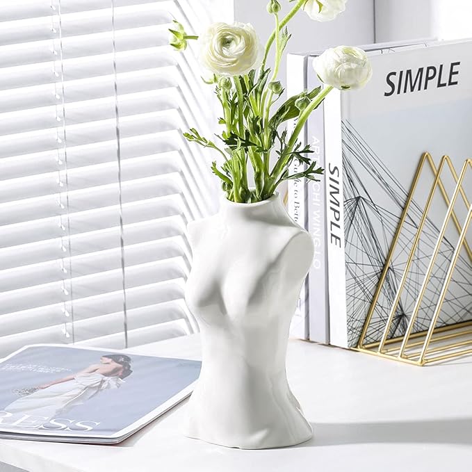 hjn Female Body Vase- Flower Vase fo Decor, White Ceramic Vase for Flowers,Morden Art Vase Woman Shape Vase for Living Room/Home Decor Accents/Bookshelf/Mantel-White
