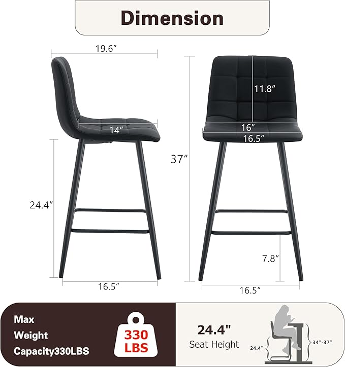 Black Bar Stools Set of 2,Faux Leather Counter Height Bar Stools,Modern 24.6" Bar Chairs with Back Metal Footrest,Counter Stool with Back and Footrest for Kitchen Island Restaurants Pubs