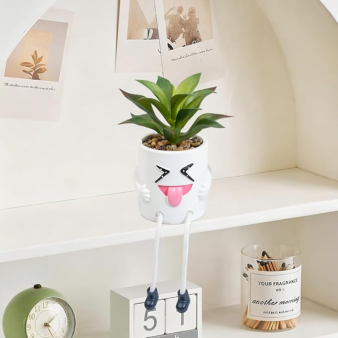 Fake Plant Mini Potted Succulents with Hanging Leg White Cute Pot Creative Artificial Succulent Plants in Funny Pot Faux Succulents for Home Office Shelf Desk Decor and Gift Choice