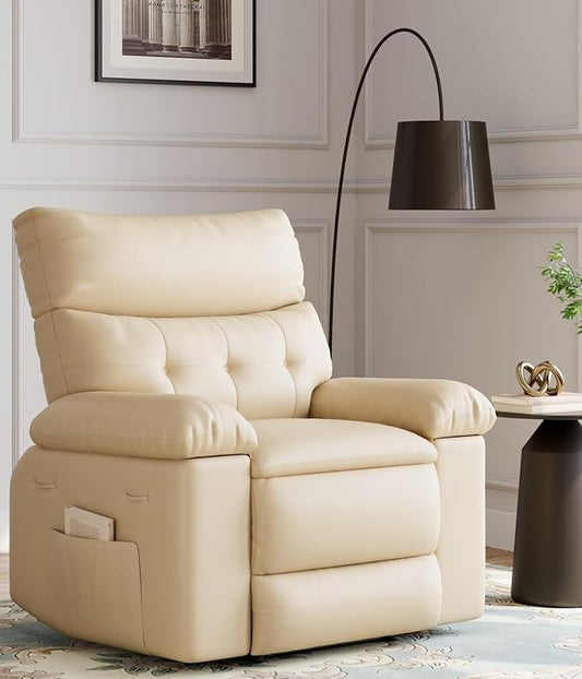 GarveeHome Oversized 27" Recliner Chairs, Classic Manual Leather Recliner, Home Theater Seating with Lumbar & Arms Support for Living Room, Bedroom and Nursery - Beige