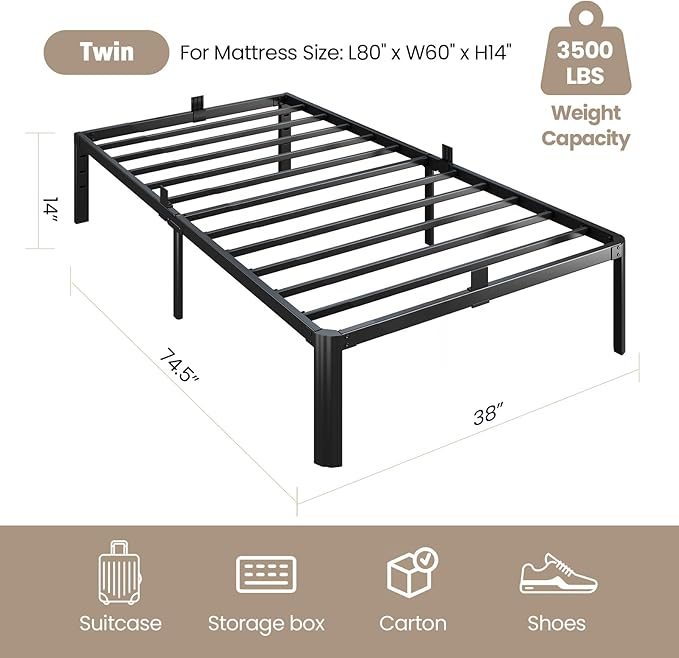 Metal Bed Frame Twin Size, 14 Inch 3500 lbs Heavy Duty Platform Bed Frames Steel Slats Noise Free No Box Spring Needed, Easy Assemble Sturdy Bedframe Rounded Corner with Storage and Mattress Retainers
