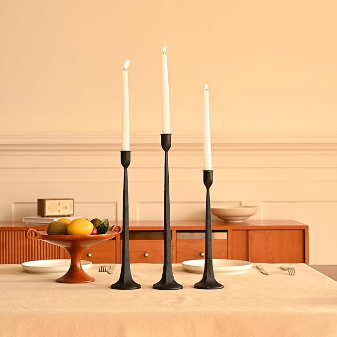 Set of 3 Candle Stick Holders,Iron Black Candlestick Holders, Fits 3/4 inch Thick Candles, Tapered Candle Holders Tall Set for Dining Table, Wedding, Home Decoration