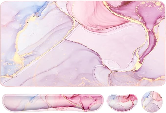 Keyboard Mouse Pad Set, Extended Mouse Pad+Keyboard Wrist Rest Support, Memory Foam Ergonomic Easy Typing, 3Pcs (35.4×15.7 in) Desk Pad Set for Home Office Study Game- Pink Marble