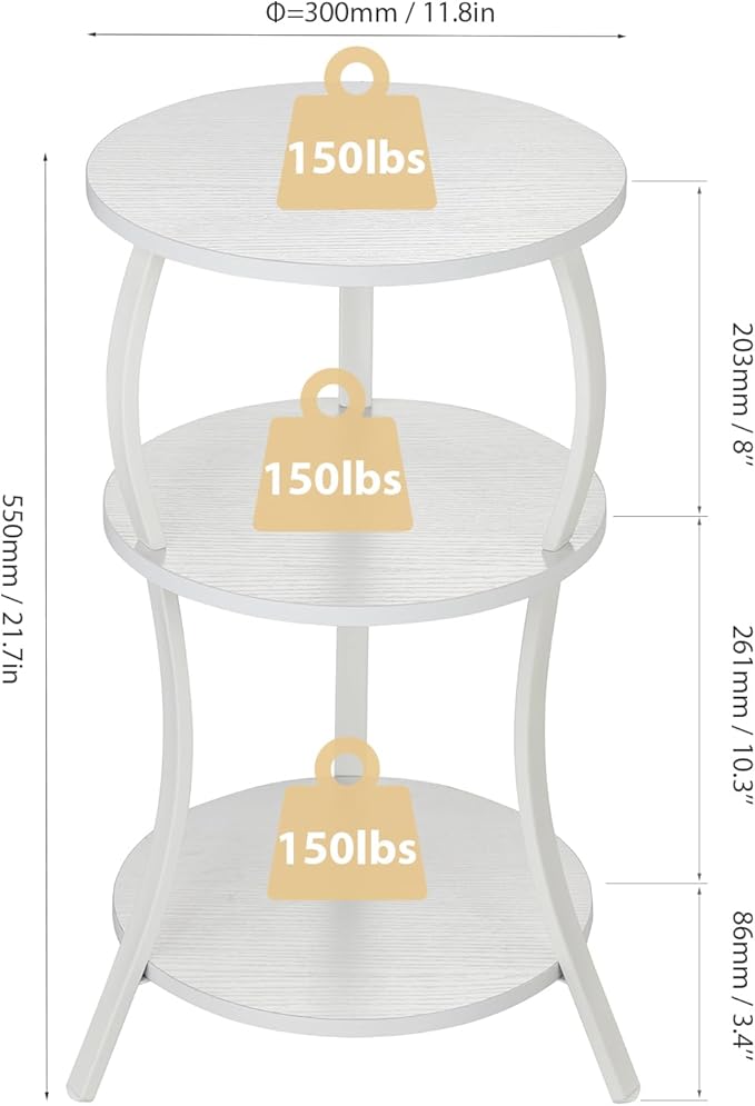Vintage Small Round Side Table, 3-Tier Slim Waist Circular End Table with Storage Shelf, Compact Tea Sofa Table, Round Corner Coffee Table Nightstand for Living Room Bedroom Small Spaces,White