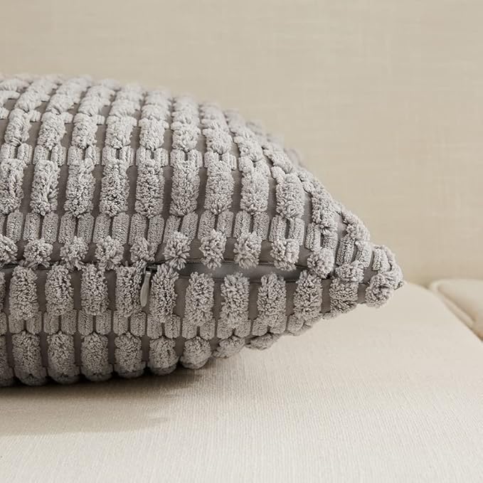 Fancy Homi 2 Packs Gray Farmhouse Decorative Throw Pillow Covers 20x20 Inch for Living Room Couch Bed Sofa, Rustic Boho Home Decor, Soft Striped Corduroy Square Cushion Case 50x50 cm