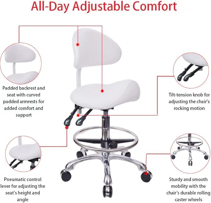 Saddle Stool Chair with Back with Foot Ring Rolling Esthetician Seat for Salon Tattoo Shop Spa Facial lash Home Dentist Clinic Esthetician Chair(with Backrest with Foot Ring, White)
