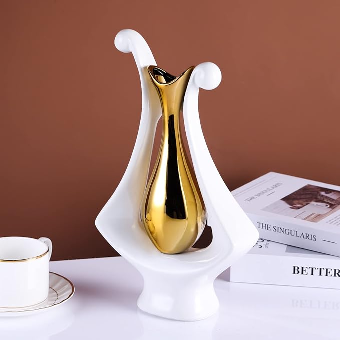 White Gold Abstract Art Ceramic Vases for Home Décor Accent,Nordic Modern Minimalist Vases for Flowers,Shelf,Table Centerpieces,Bookshelf,Fireplace Mantle,Rustic,Wedding,Mid Century Décor