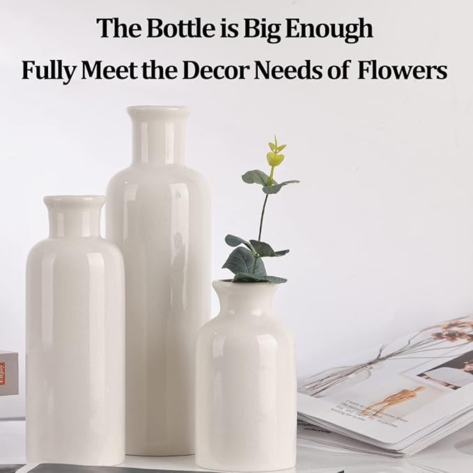 Farmhouse Decor 3 Piece Set - White Crackle Ceramic Vase for Country Home Centerpieces, Living Room, Table, Fireplace and Entrance