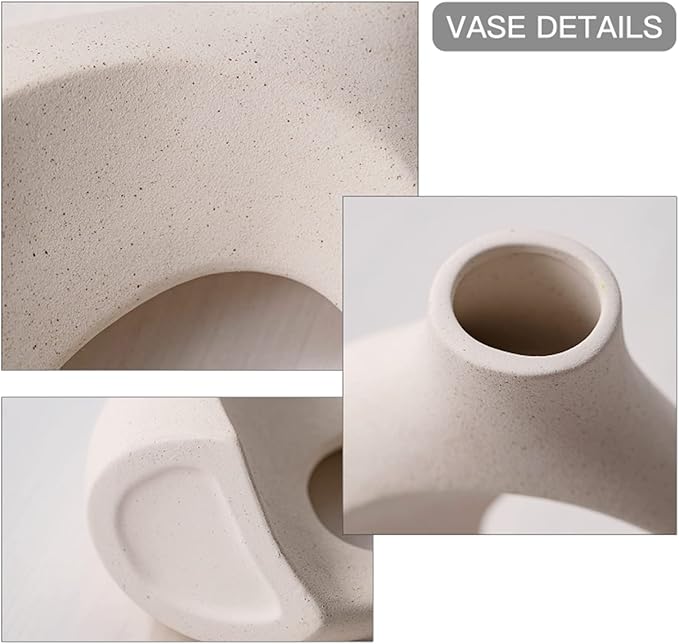 Off White Hollow Ceramic Vase Set of 2, Round Modern Vase for Nordic Minimalist Book Style Shelf Decor, Donut Boho Aesthetic Vases for Trendy Home Living Room Entryway Coffee Table Decorative