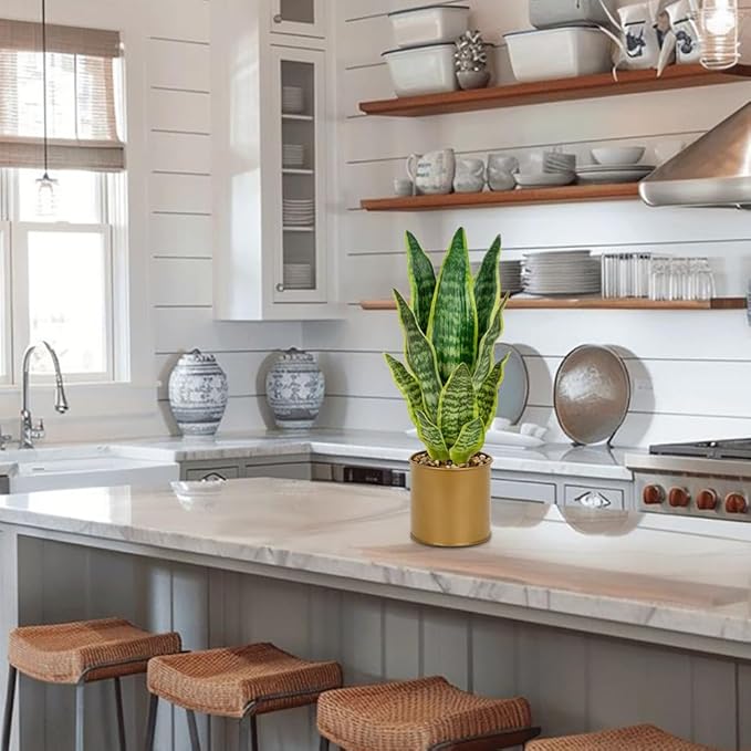 Artificial Potted Plant, Fake Snake Plant in Gold Pot 17.3 inch Faux Sansevieria Trifasciata Artificial Plants Indoor with Pot for Home Office Living Room Indoor Outdoor Decor