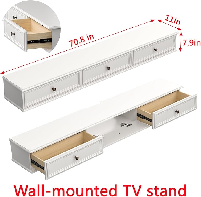 70-inch Wall-Mounted TV Stand, Accommodates 50- to 75-inch TVs, Features Hidden Cable Management, high Weight Capacity, Space-Saving White Floating TV Stand
