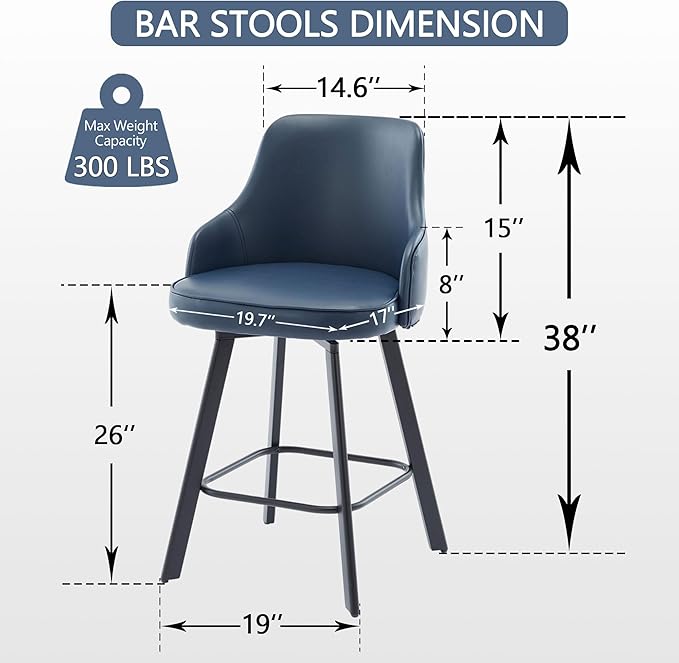 Bar Stools Set of 3, 26" Swivel Counter Height Bar stools with High Back, Faux Leather Kitchen Barstools Counter Height for Kitchen Island (Navy Blue, 3PCS 26" Counter Stools)