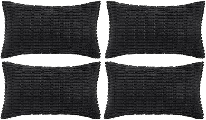 Fancy Homi 4 Packs Boho Black Decorative Throw Pillow Covers 12x24 Inch for Living Room Couch Bed Sofa, Rustic Modern Farmhouse Home Decor, Soft Plush Corduroy Cute Square Cushion Case 30x60 cm