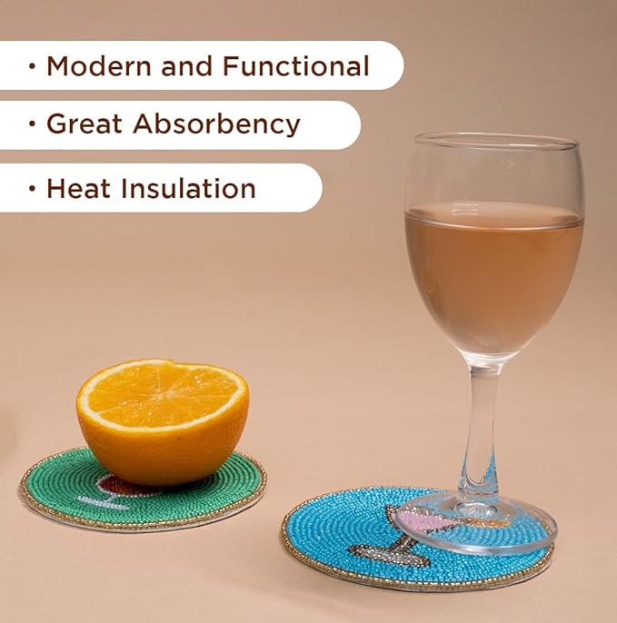 Folkulture Boho Coasters for Drinks or Coffee Table | 4" Cute Cocktails Coasters Set of 4 for Farmhouse Decor | Square Decorative Coaster Set for Table Decorations