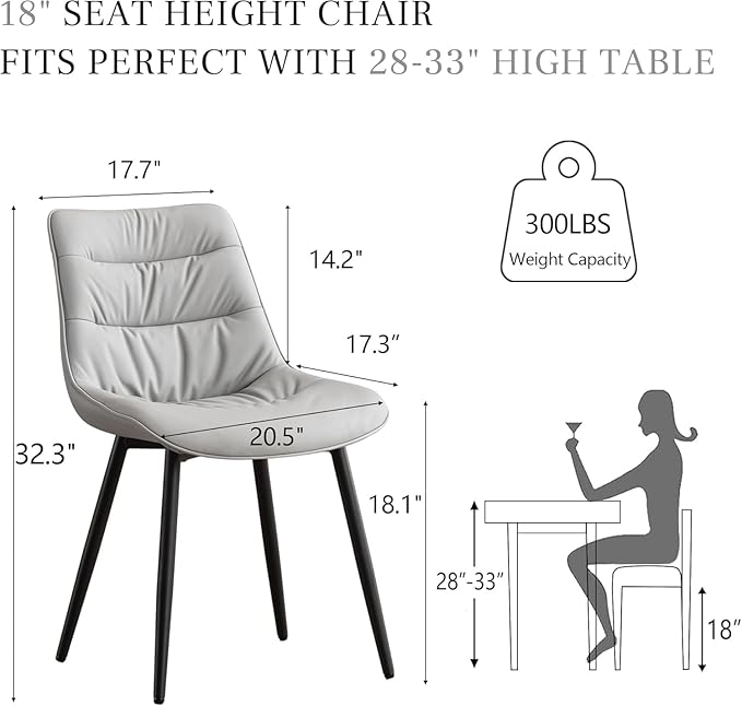 Kidol & Shellder Dining Chairs Set of 2, Modern Upholstered Faux Leather Kitchen Side Chairs with Comfortable Back - Mid-Century Armless Chair for Dining Living Room Bedrooms, with Metal Legs (Gray)