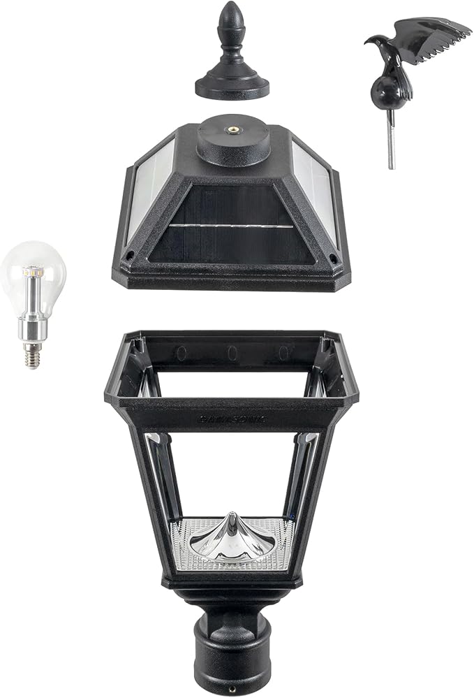 Gama Sonic Imperial II Bulb Solar Post Light, Black UV Protected Resin and Clear Lens, Outdoor Single Lamp with 3" Fitter for Lamp Posts or Pier Base and Warm White 2700K Light