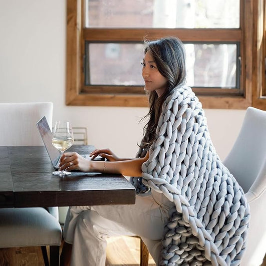 Nuzzie Chunky Knit Blanket - Breathable, Cooling, Hand Made Knit Throw Blanket for Sleep - Machine Washable, Stylish Decor Design (Misty Grey, Full | 16lbs | 48"x72")