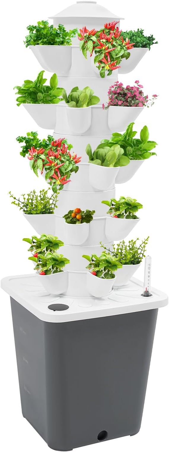 Hydroponics Growing System, 25-Plants Hydroponic Growing Kit Indoor Vertical Tower System Kit with Water Pump & Plug Nursery Germination Kit for Gardening Lover (Grey)