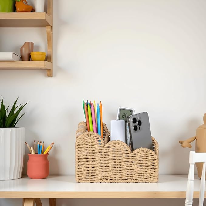 CubesLand Scalloped Pen Pencil Holder Cup, Makeup Brush Holder, TV Remote Control Holder Bedside Organizer, Office Desk Caddy Storage Organizer Accessories, Fits Farmhouse Rustic Office Decor, Beige