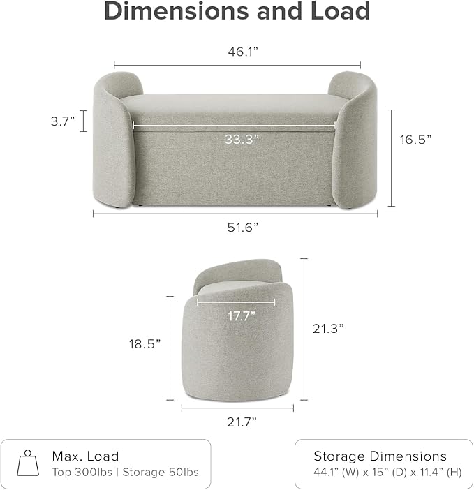 mopio Sophie 51" Ottoman Storage Bench, Entryway and Window Seating, End of Bed Curved Stool for King & Queen Bed, Storage Chest for Bedroom (Light Gray Fabric)