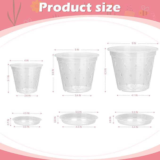 Orchid Pot, 6 Pack 4 5 6 Inch Clear Orchid Pots with Holes and Saucers for Repotting, Breathable Slotted Plastic Orchid Planters with Drainage for Root Health Indoor Outdoor (4/5/6 Inch)