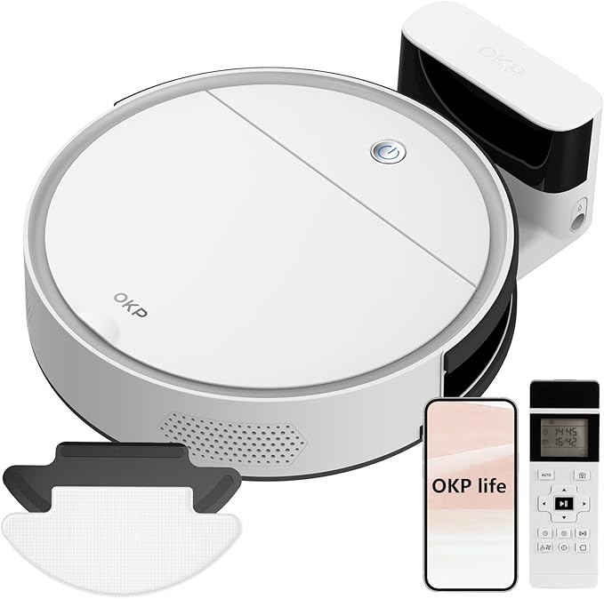OKP Life Robot Vacuum and Mop Combo with 2500Pa Suction, Vacuum Robot Compatible with Alexa/APP/Wi-Fi, Self-Charging Super Mini Quiet Robotic Vacuum for Carpets and Hard Floors for Pet Owners