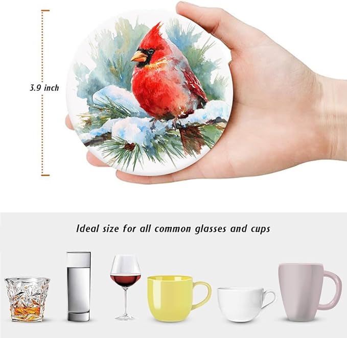 Winter Cardinal Drink Absorbent Coasters with Holder Set of 6, Ceramic Stone with Cork Base, Watercolor Bird Design Coaster for Drinks, Gift for Housewarming Room Bar Home Decor Kitchen