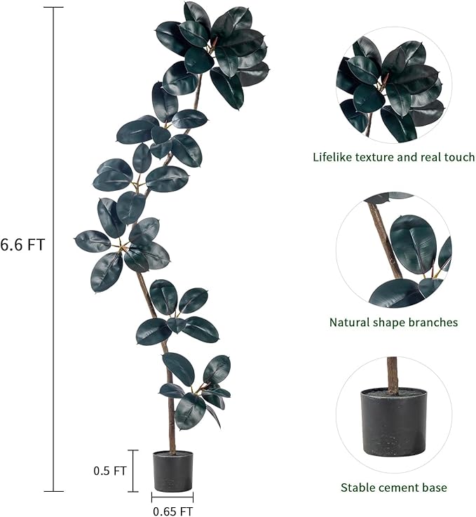 6.6ft Artificial Rubber Tree Faux Plants Indoor Faux Floor Artificial Trees Indoor,Fake Plant Fake Tropical Plants,Large Floor,Real Touch Rubber Tree for Home Decor