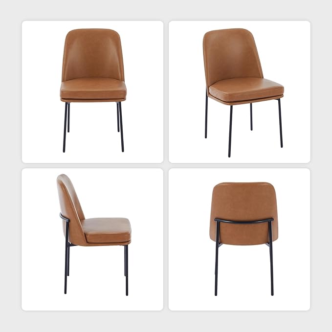 COLAMY Modern Dining Chairs Set of 2, Faux Leather Upholstered Kitchen Chairs with Curved Back & Metal Legs, Mid-Century Dining Room Chair (Brown)